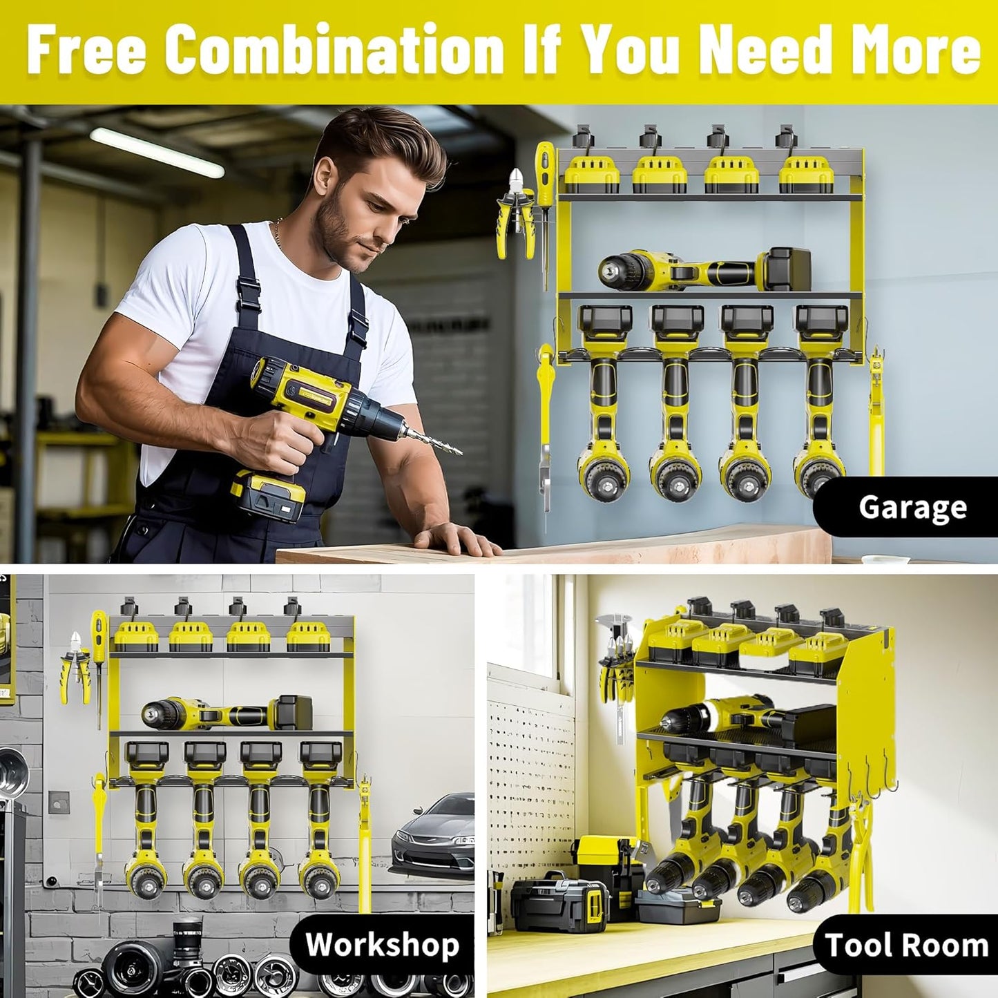 3-Tier Modular Drill Holder & Power Tool Organizer Wall Mount with Charging Station, Tool Storage Rack with Hooks, 8-Outlet Power Strip, Bit Rack & Cordless Garage Tool Organization (Yellow)