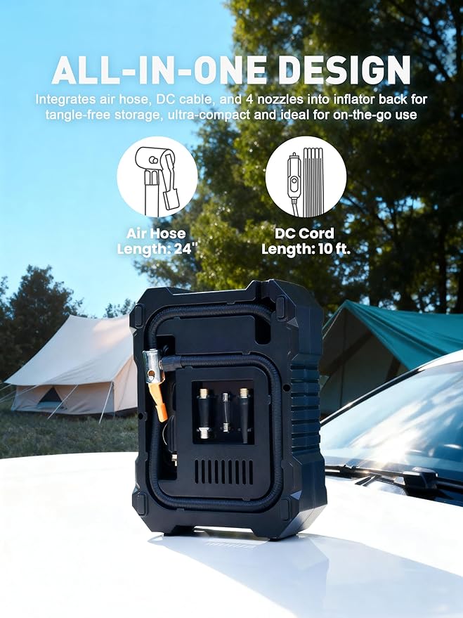 SMART JERRY - 12V Tire Inflator for Car | Digital Tire Inflator Portable Air Compressor for Truck | w/Auto Shut-Off & LED Light & Pressure Gauge | Max 100 PSI Compact Design
