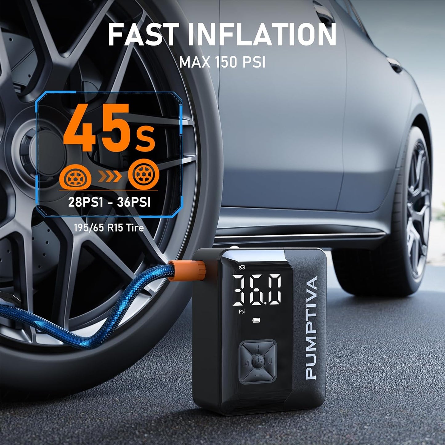Tire Inflator Portable Air Compressor, 150 PSI Portable Electric Bike Pump Auto Shut-Off Cordless Car Tire Air Pump with Accurate LCD Display LED Light for Car, Motorcycle, Bicycle, Bike, Ball