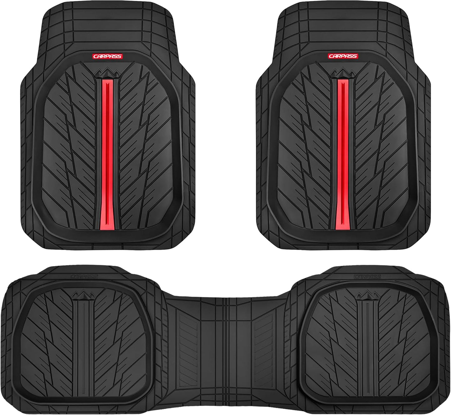 CAR PASS Tire Tread DeepDish Rubber Floor Mats for car Heavy Duty car mats All Weather, Universal XL~M Trim to Fit for Truck SUV Vehicle Automotive, Waterproof car mats 3 Piece (red Black)