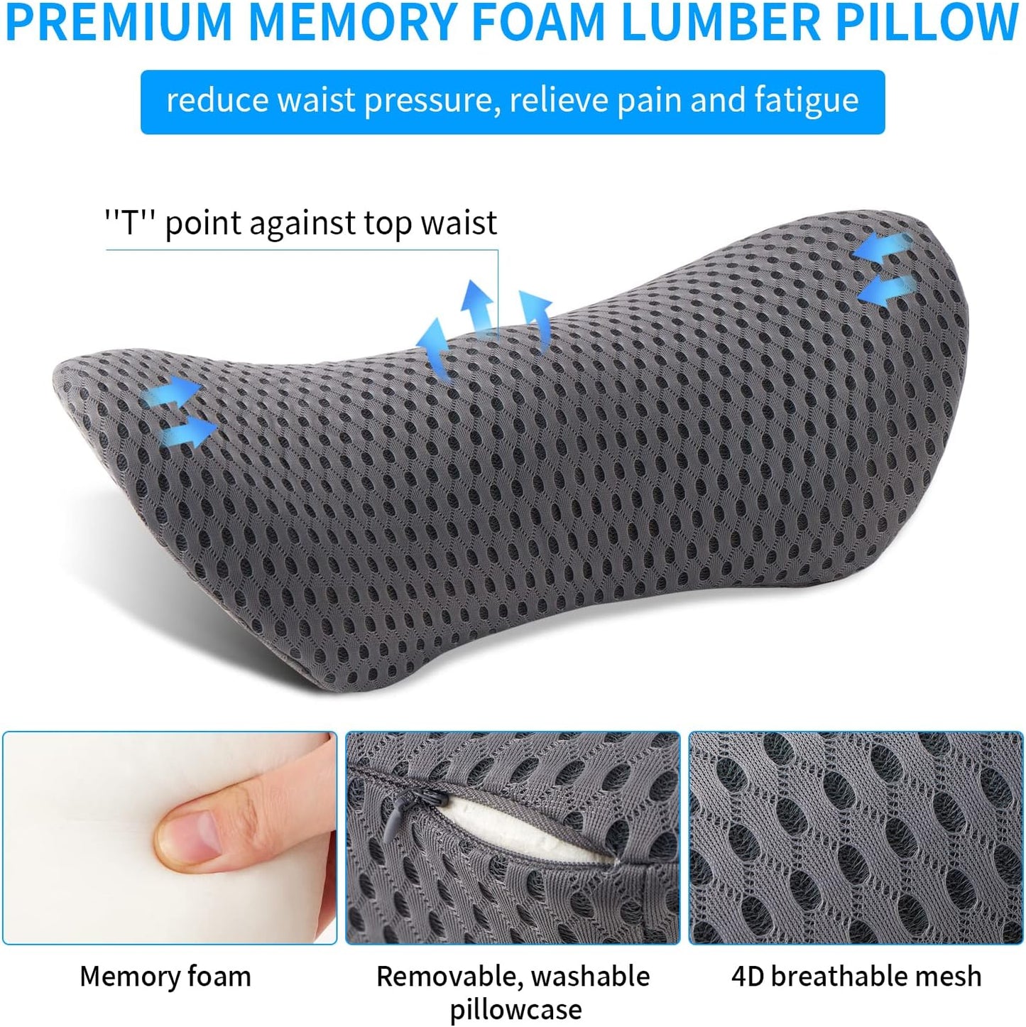 Lumbar Pillow, Memory Foam Lumbar Support Pillow for Office Chair and Car Seat, Back Support Pillow for Lower Back Pain Relief, Support Cushion Back Pillow for Sleeping, Driving, Resting