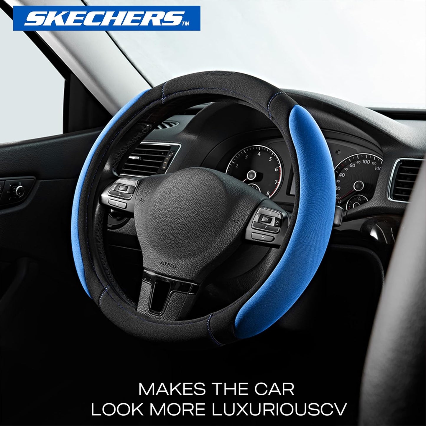 Skechers Steering Wheel Cover, Memory Foam Car Steering Wheel Cover,14.5-15inch Anti-Slip Safety Comfortable Desgin, Universal Accessory for Diverse Cars, Truck,SUV (Black & Blue)