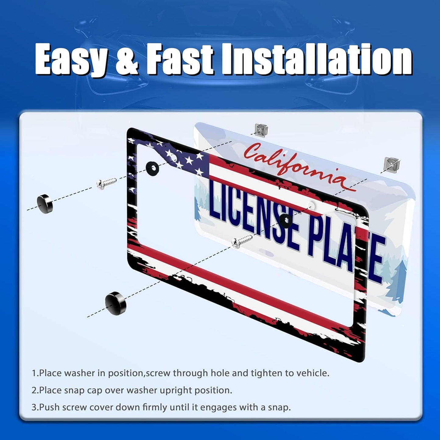 Vintage American Flag License Plate Frame USA Flag License Plate Stainless Steel Funny License Plate Holder Patriotic Car Accessories With Screws Car Decoration 12.3" x 6.3"Fits Standard Vehicles Size