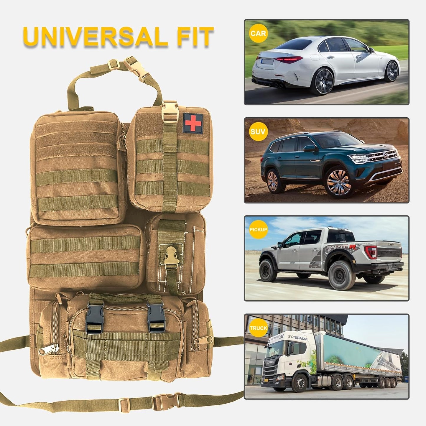 Universal Tactical Seat Back Organizer Vehicle Molle Panel Organizer Storage Bag with 5 Detachable Molle Pouch for All Vehicel Such as Jeep,Truck,SUV, Car, Ford,Chevy etc