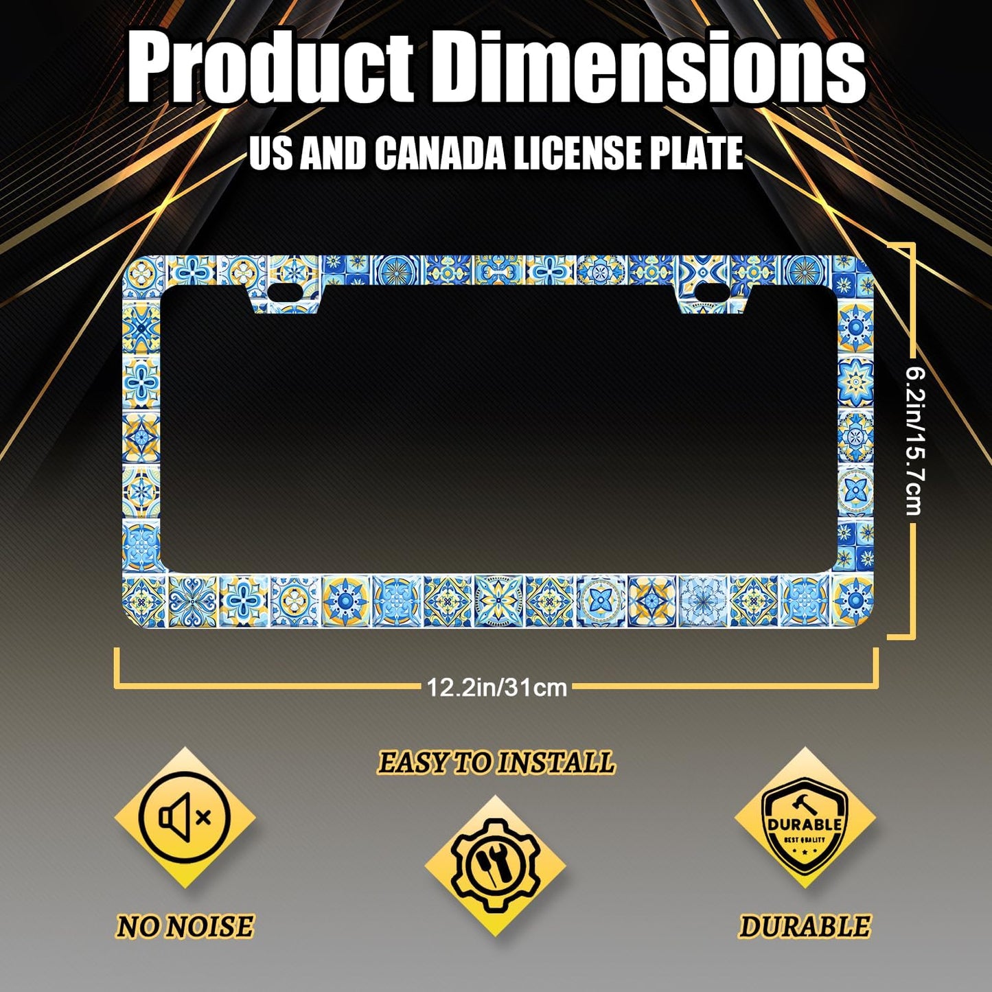 Blue White Mexican Tiles License Plate Frame Boho License Plate Holder Stainless Steel Colorful Car Accessories Decoration 6.3"X12.3" with 2 Holes Screws