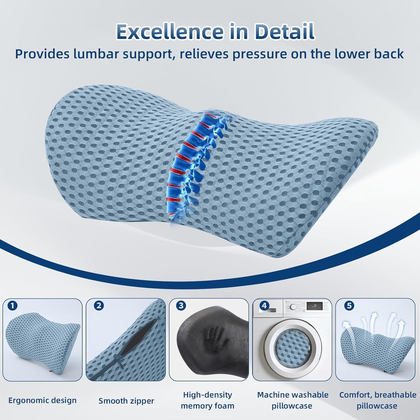 Lumbar Pillow, Memory Foam Lumbar Support Pillow for Office Chair and Car Seat, Ergonomic Streamline Back Pillow for Lower Back Pain Relief, Back Support Pillow for Sitting, Driving, Traveling