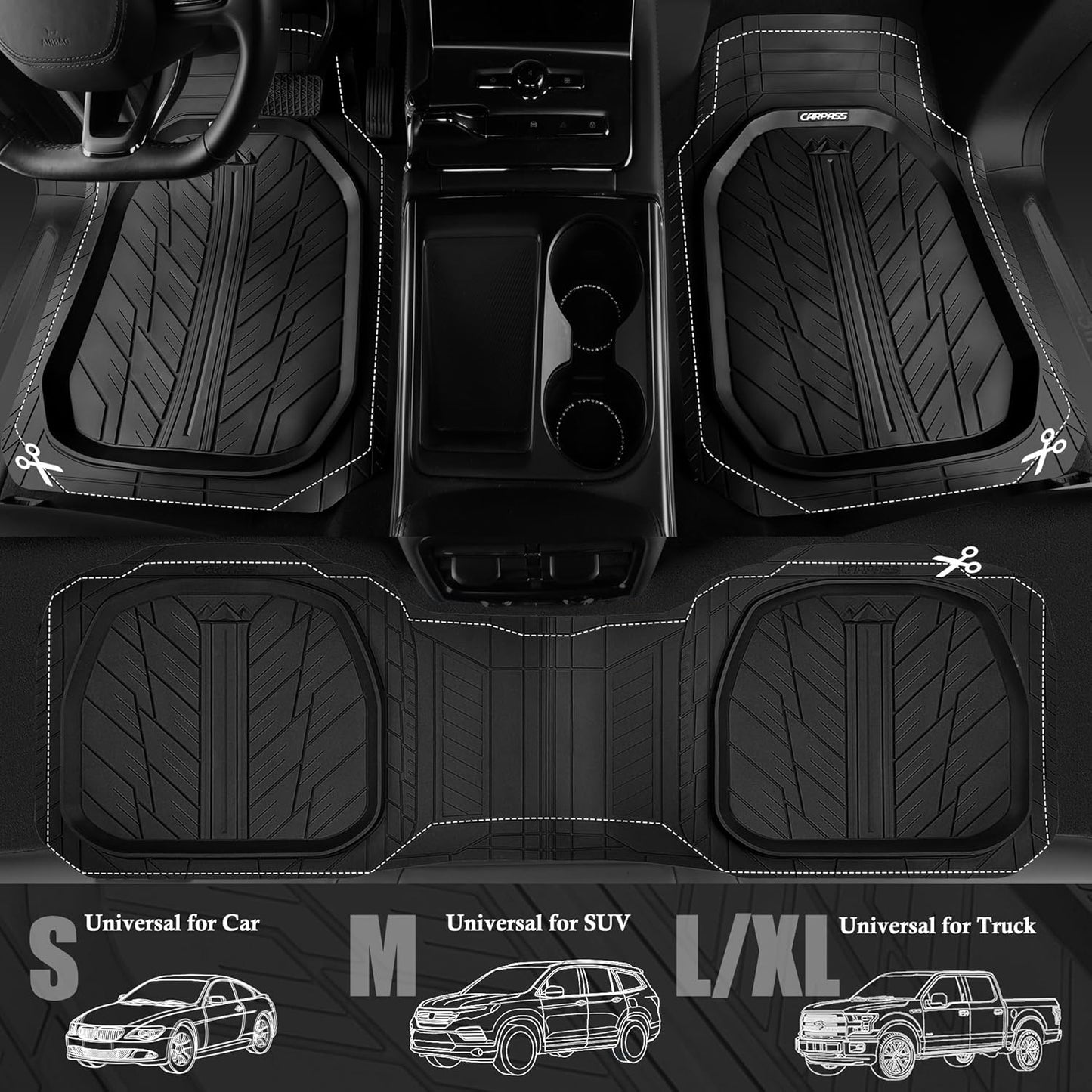 CAR PASS Deep Dish Floor Mats for Cars, Heavy Duty Rubber Floor Mats with Trunk Cargo Liner, Universal Trim-to Fit Automotive Floor mats for Truck Van SUV Waterproof All Weather Car Mats Solid Black