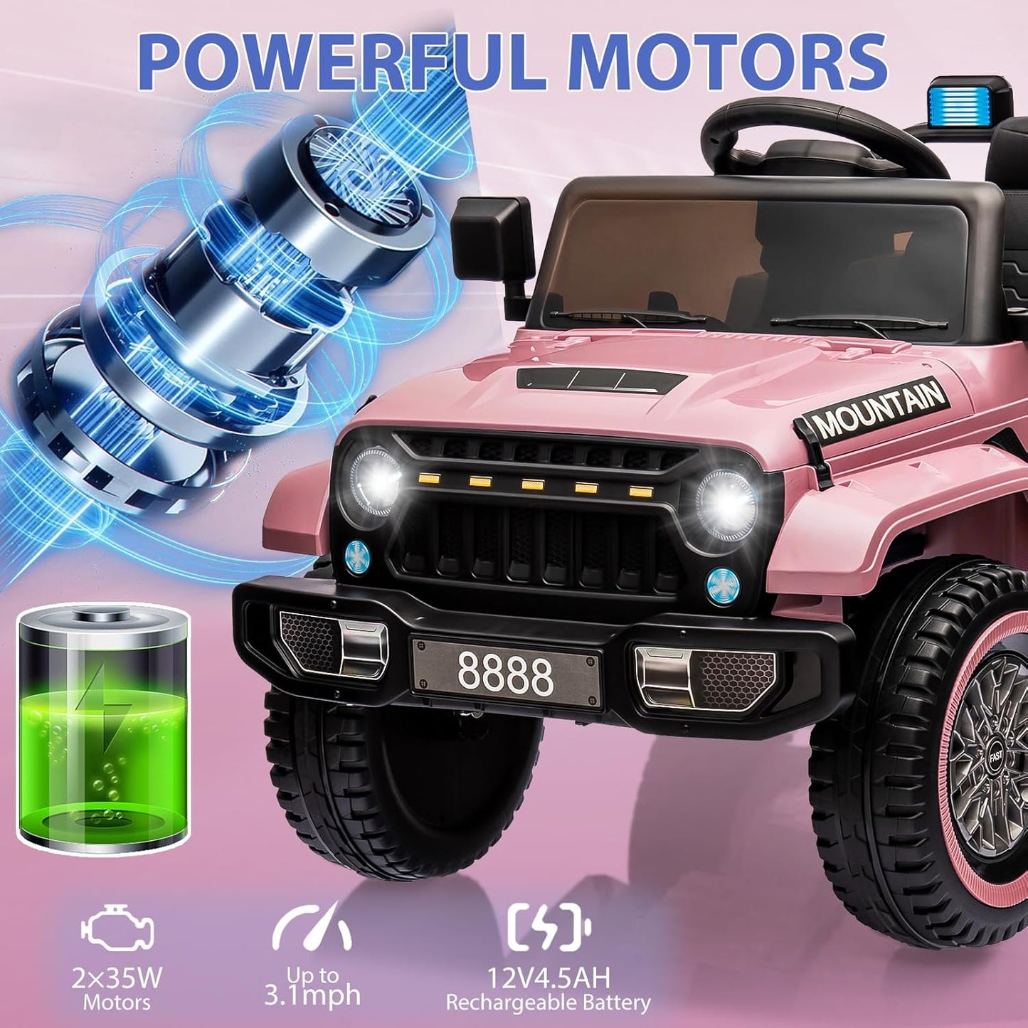 12V Kids Ride On Truck Car, Battery Powered Electric Vehicles with Remote Control, Spring Suspensions, 3 Speeds, LED Lights, Music, MP3, Ride On Toy Car for Children Toddles Boys Girls, Light Pink