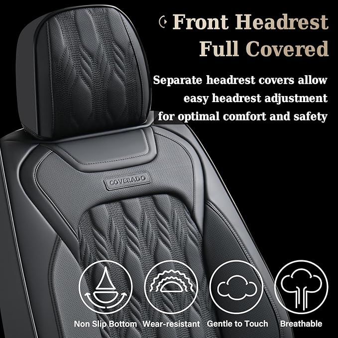Coverado Car Seat Cover, Black Seat Cover for Cars, Luxury Leather Seat Covers Full Set with Embossed Pattern, Waterproof Car Seat Protector Car Seat Cushions Universal Fit Most Vehicle