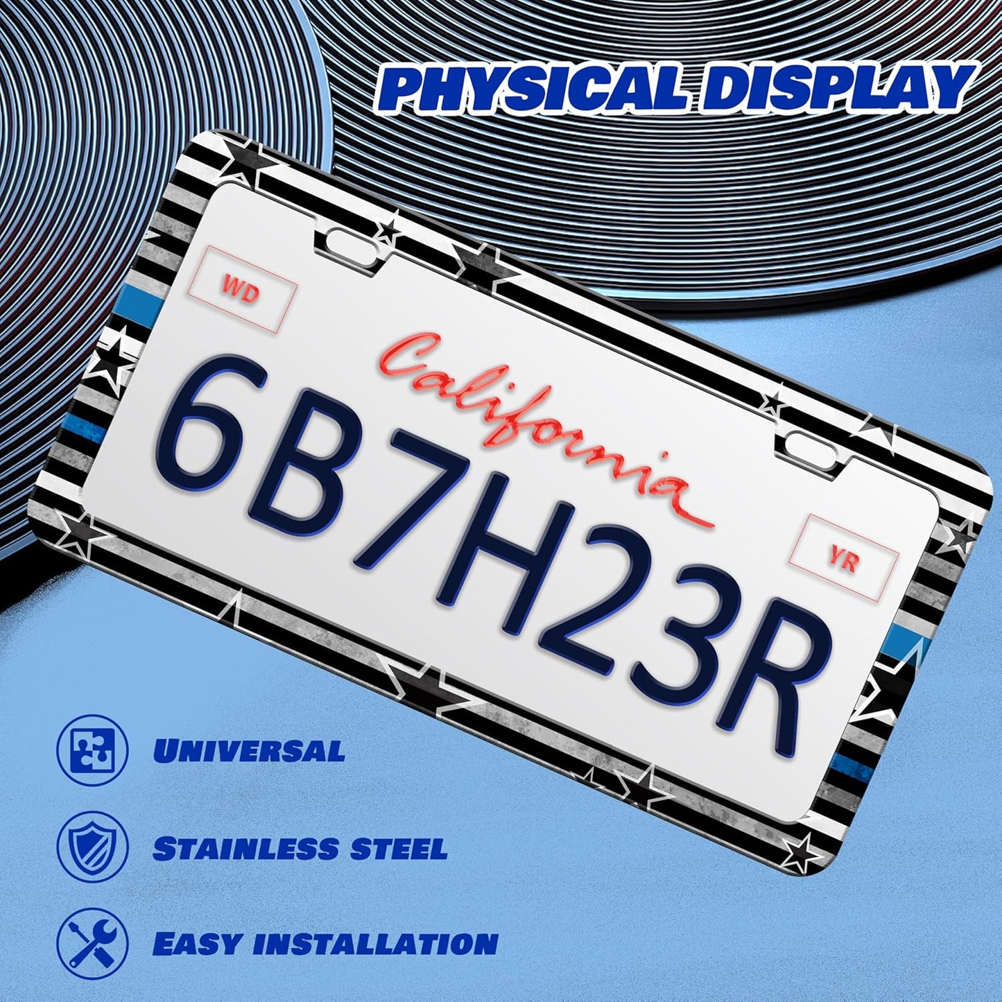 American Flag Blue Line License Plate Frame Star Flag License Plate Frames Personalise Stainless Steel Funny Design Compatible With Standard License Plate Holder For Usa Canada 6 X 12 Inch With Screws