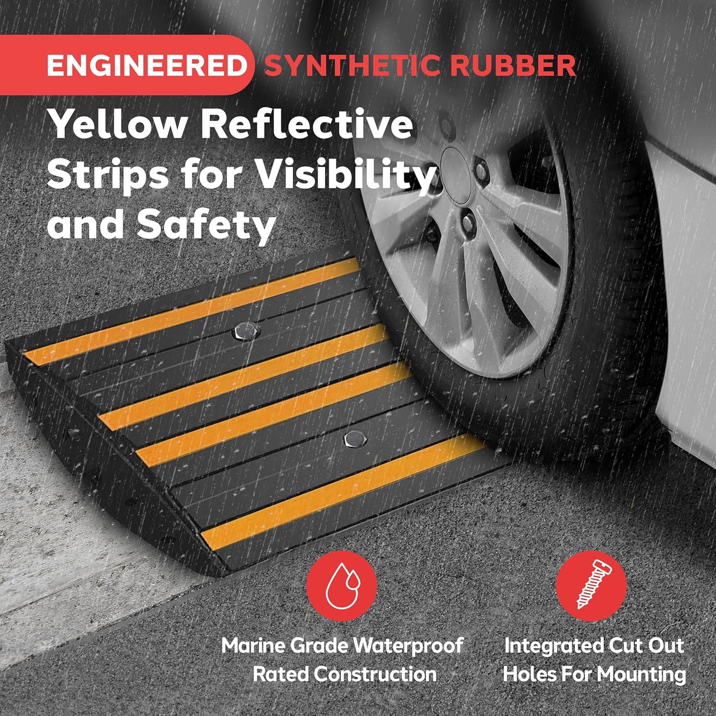 Pyle 4 ft. Rubber Curb Ramp, Non-Slip Threshold Single Ramp for Driveways & Sidewalks, Marine Grade Waterproof, Yellow Reflective Strips, Expansion Screws Included, 48.0’’x 16.0’’ x 2.6’’ Inch