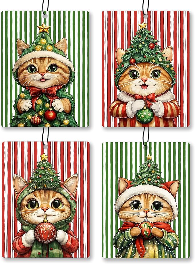 Christmas Orange Tabby Cat Car Air Freshener 4 Pcs, Cute Xmas Tree Kitten Hanging Scents Air Freshener for Women Gifts, Cat Lover Gifts Scented Car Accessories Decor for Room Closet Drawer