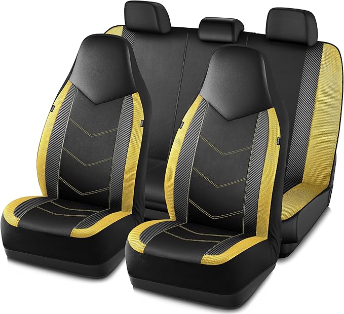 PIC AUTO Leather Car Seat Covers, Sports Carbon Fiber & Mesh Design, High-Back Front & Rear Full Set, Waterproof Automotive Seat Covers, Airbag Compatible, Universal Fit for Most Cars (Black & Yellow)
