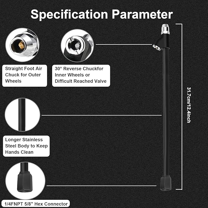 GODESON Air Chuck,12" Extended Reach Air Chucks for Tires，Heavy Duty Dual Head Air Chuck for Semi Tire Inflation,1/4" FNPT Straight Air Chuck for Truck RV Semi Dually Tires