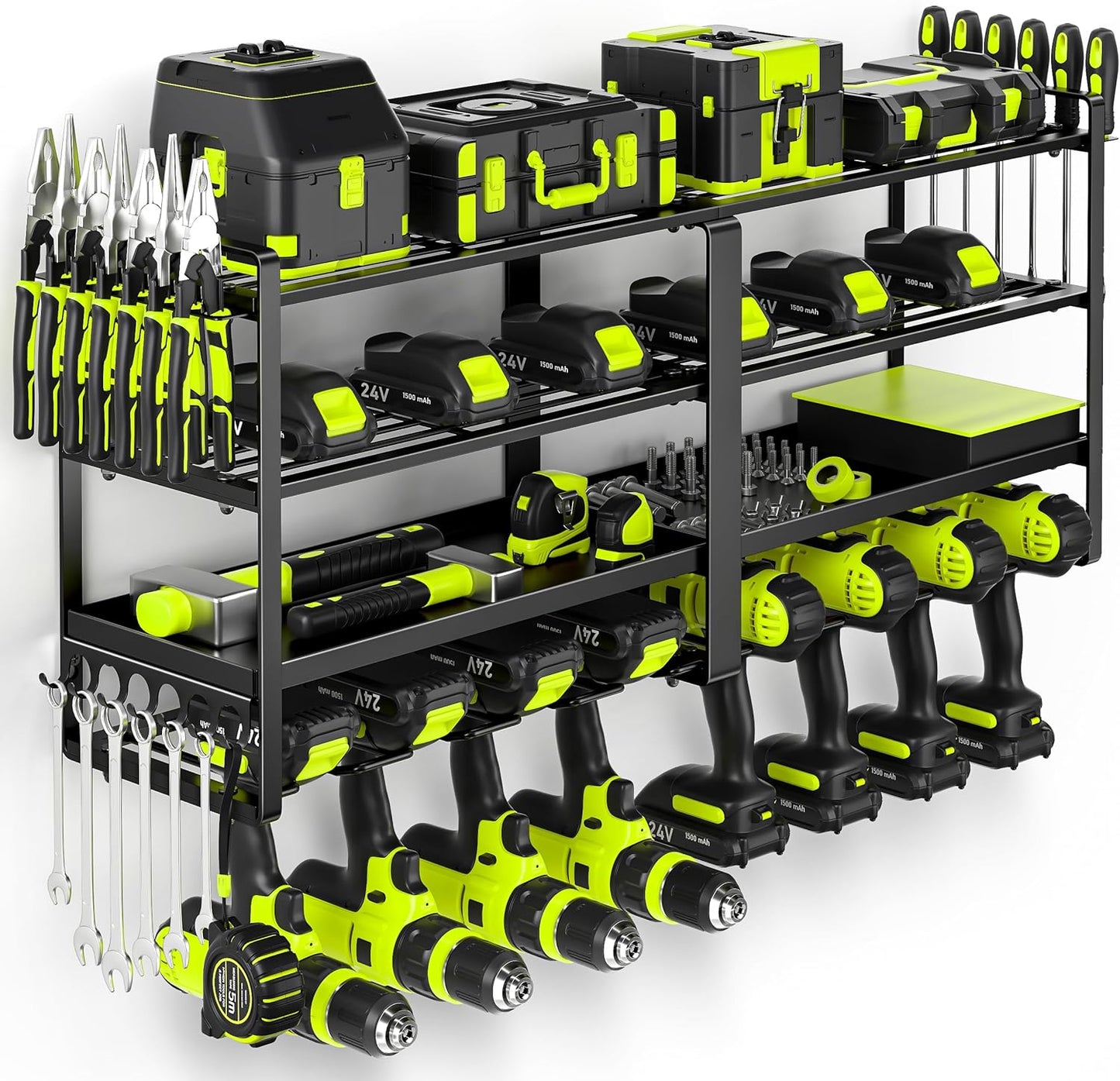 33" W Large Power Tool Organizer Wall Mount Loads 400 lbs, Heavy Duty 8 Drills Holder, 4-Tier Cordless Tool Battery Storage Shelf, Utility Racks for Garage Workshop Shed, Gifts for Men Husband