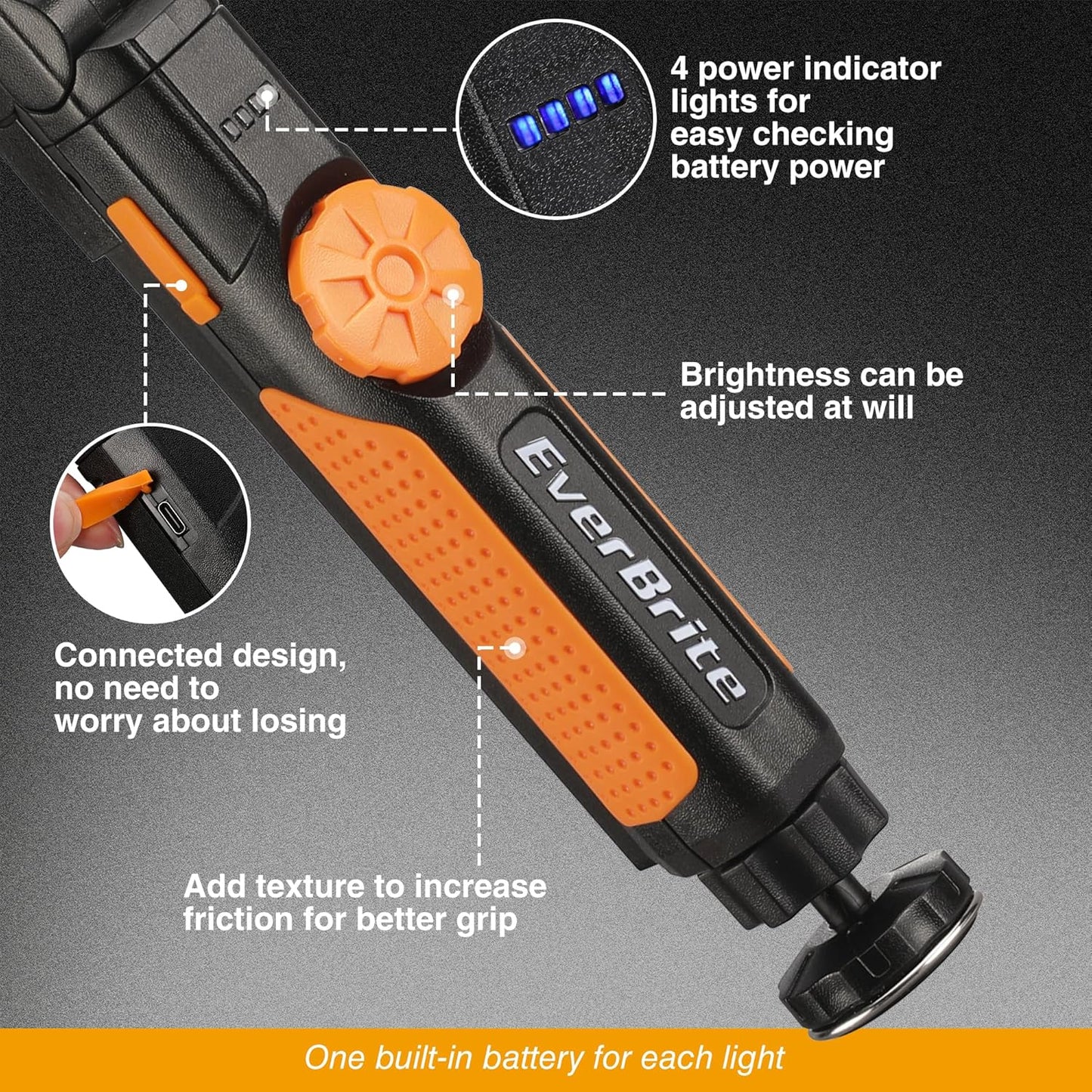 EverBrite LED Rechargeable Work Light, 800LM COB Foldable Flashlight, Magnetic Work Lights with Hanging Hook, 360° & 270° Rotation, 4 Power Indicator Lights - for Car Repair, Home, Emergency