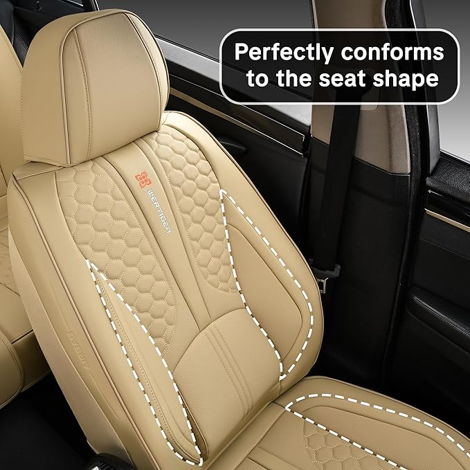 Beige Leather Car Seat Covers - Luxury Waterproof Car Seat Protectors with Lumbar Support, Non-Slip Base, Airbag Compatibility, Easy Installation and Cleaning