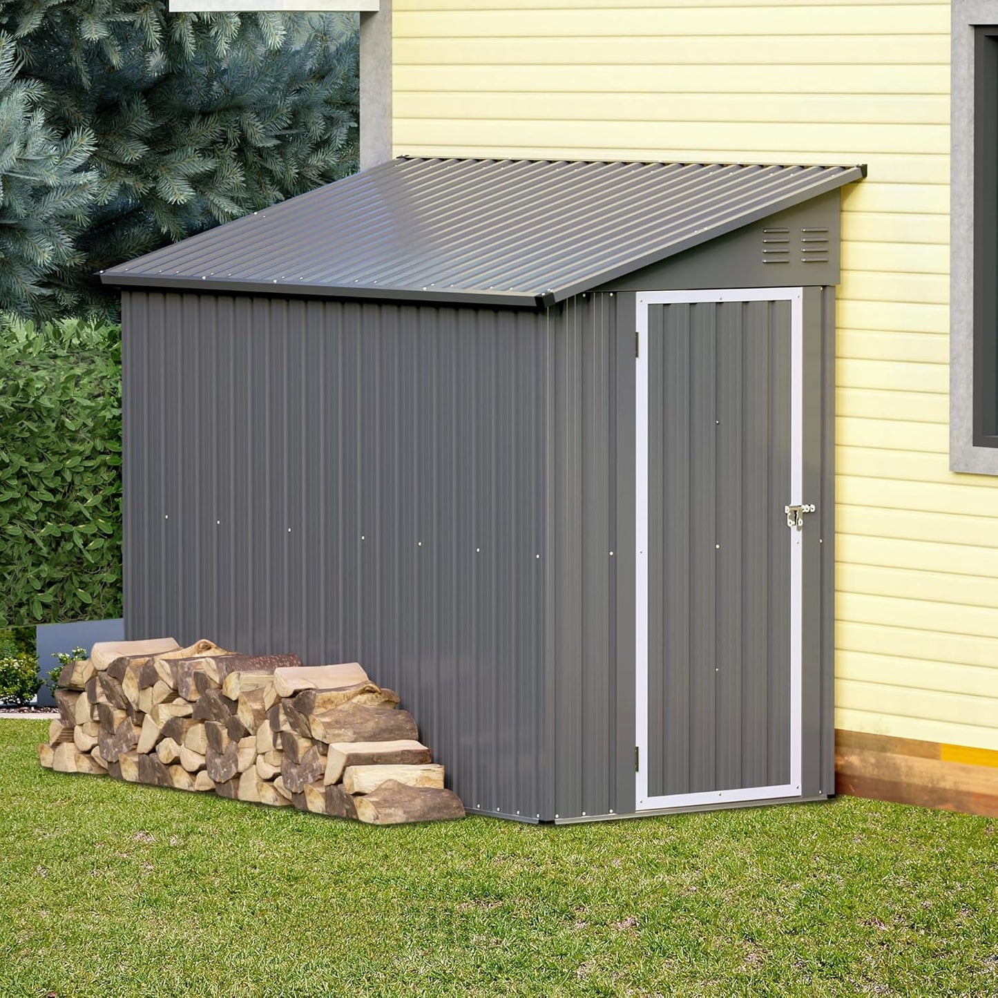 Storage Shed 4 * 8 FT Lean to Shed Metal Sheds & Outdoor Storage Cabinet Lockable Tool Organization Bike Mower Shed Portable Outside for Garden Patio, Grey