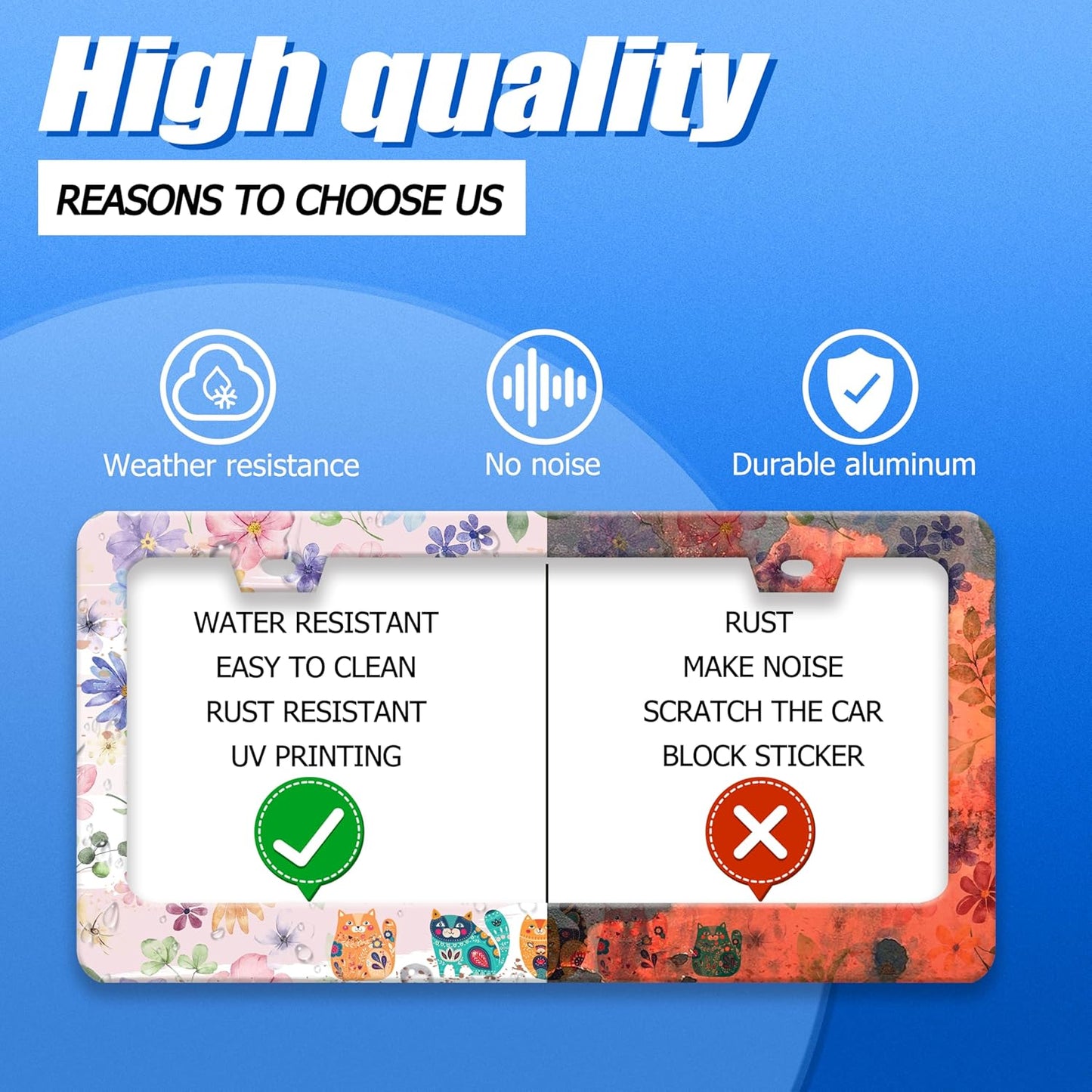 Cat and Flowers License Plate Frame Beautiful Floral Animals License Plate Stainless Steel Funny License Plate Holder for Men Women Colorful Cats Car Accessories Decoration 12.3" x 6.3"