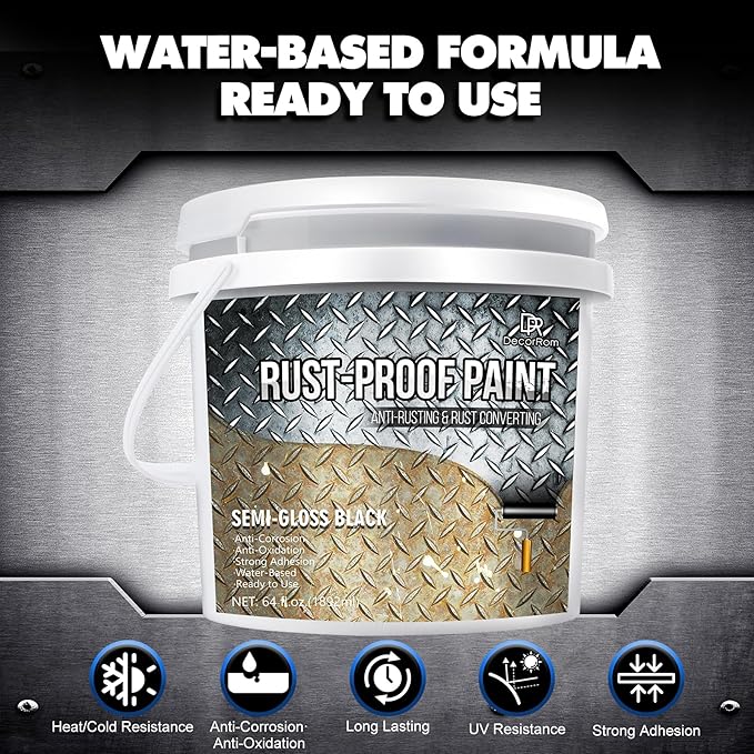 Rust Converter Paint - 64oz Water-Based Rust Reformer & Metal Primer, Semi-Gloss Black Rust Preventive Paint for Metal, Anti-Rust Coating Rust Paint Encapsulator for Maximum Rust, Corrosion Protection