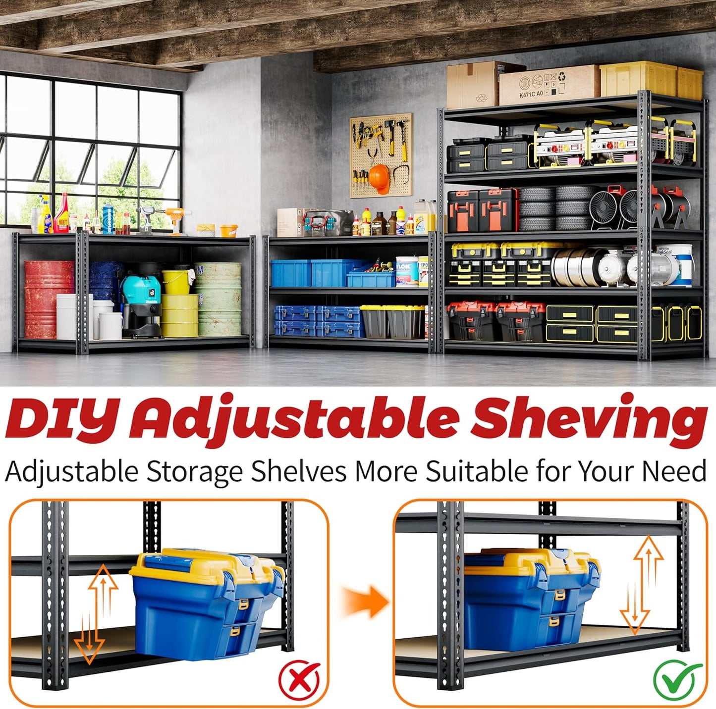 48"W Garage Shelving, 2650LBS Storage Shelves heavy duty, 5 Tier Metal Shelving Unit Adjustable Garage Shelves Heavy Duty Shelving for Warehouse,Commercial, Kitchen, 48" W × 24" D × 72" H, Black，2PCS