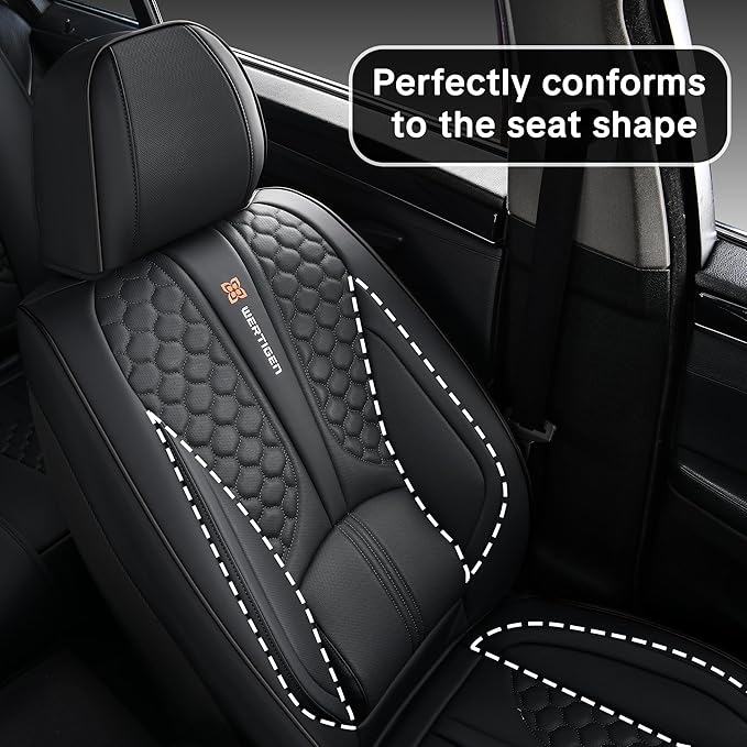Black Leather Car Seat Covers - Luxury Waterproof Car Seat Covers with Lumbar Support, Non-Slip Base, and Airbag Compatibility; Suitable for Sedans, Suvs, and Pickups.