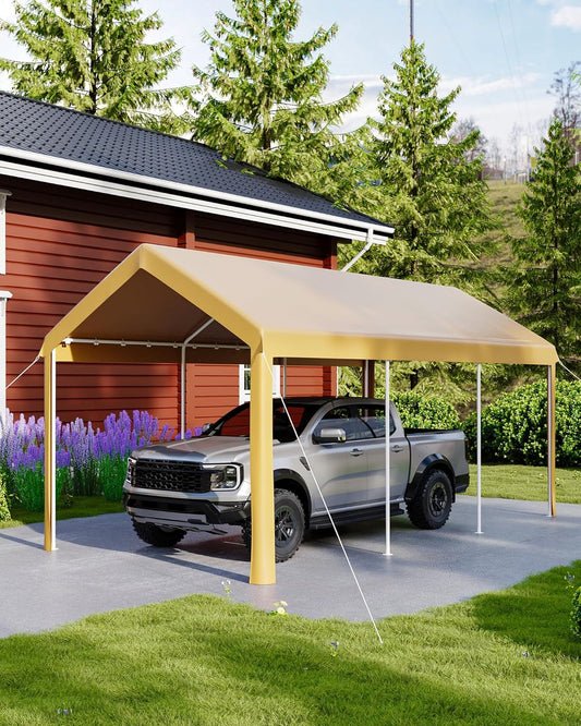 10x20ft Metal Carport Garage with PE Fabric and Galvanized Steel Frame Leg Wrap Carport for Outdoor Shelter for Cars, Trucks and Boats - Yellow