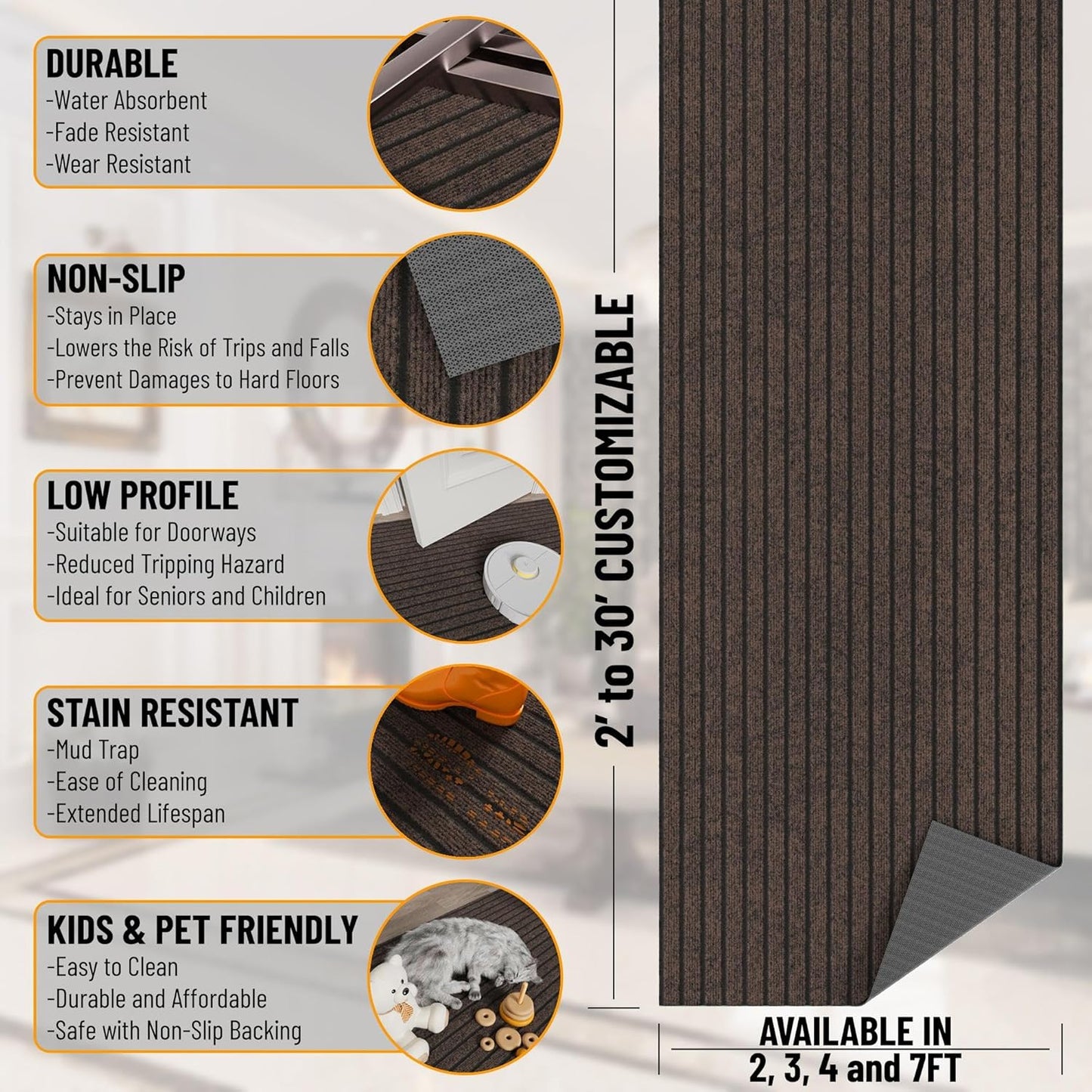 Ottomanson 2'7" x 31' Hallway Runner with Scraper Pile - Extra Durable Non-Slip Rug Mat for Indoor & Outdoor Use - Ideal for Kitchen, Entryway & Garage - High-Traffic Carpet, Brown