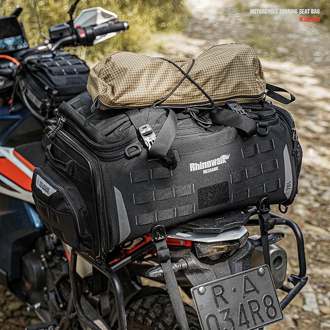 Rhinowalk Motorcycle Saddle Bag Tail Bag Expandable 50L to 70L Mechanic Series Motorbike Bag, Waterproof with MOLLE System, Multi-Compartment Travel Luggage for Powersports (70L, Black)