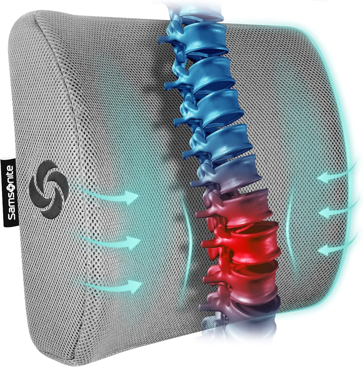 SAMSONITE Lumbar Support Pillow for Office Chair and Car Seat, Perfectly Balanced Memory Foam, Versatile Use Lower Back Cushion, Gray