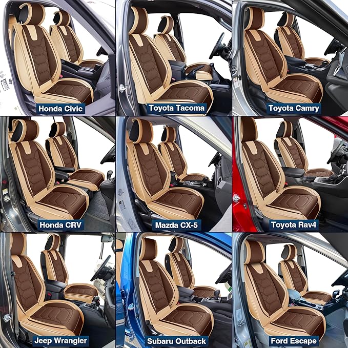OASIS AUTO Car Seat Covers Front Seats, Waterproof Faux Leather Seat Covers for Cars Universal Fit for SUV, Truck, Sedan, Black Premium Car Seat Protector with Cushions (OS-004 Coffee)