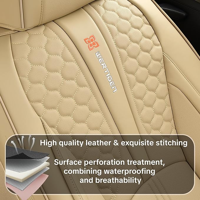 Beige Leather Car Seat Covers - Luxury Waterproof Car Seat Protectors with Lumbar Support, Non-Slip Base, Airbag Compatibility, Easy Installation and Cleaning