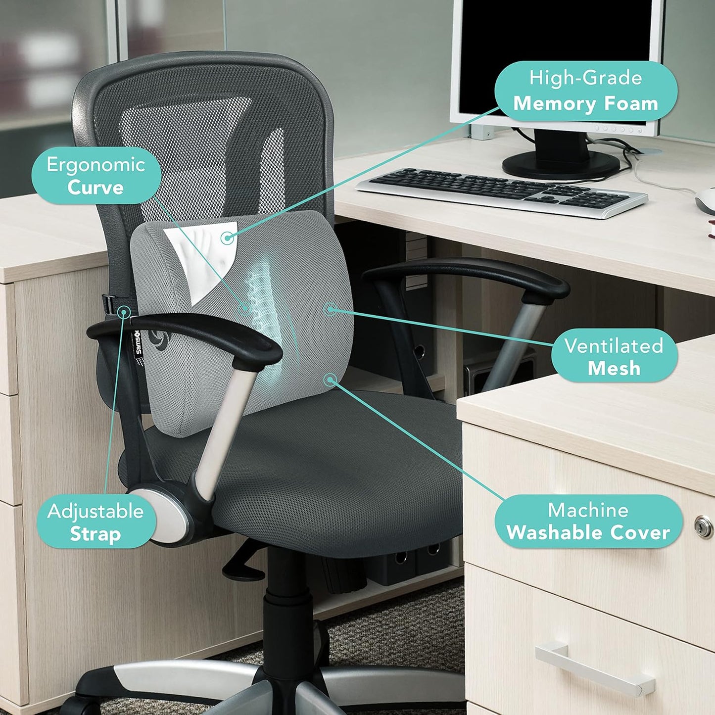 SAMSONITE Lumbar Support Pillow for Office Chair and Car Seat, Perfectly Balanced Memory Foam, Versatile Use Lower Back Cushion, Gray