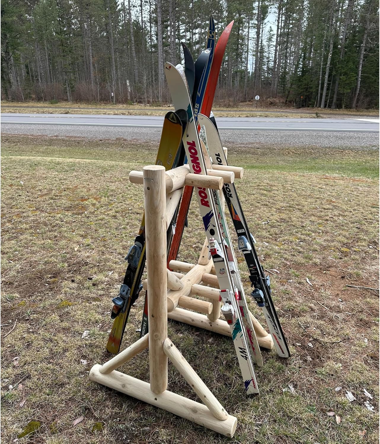 8-Place Freestanding Log Ski Rack Holder, Indoor & Outdoor Snowboard Racks, Standing Storage, Garage Racks for Snow Skis, Durable Snowboard Rack Garage Storage Organizer - Canyon Brown