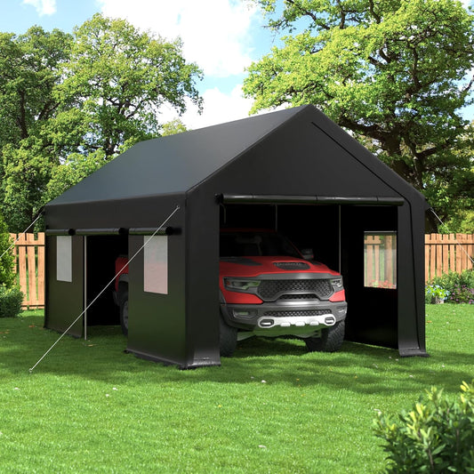 Carport, 12x20 FT Heavy Duty Carport, Portable Garage with Roll-Up Windows & Side-Opening Door, Car Canopy Reinforced Four-Hole Base for Car, Truck, Boat, Motorcycle