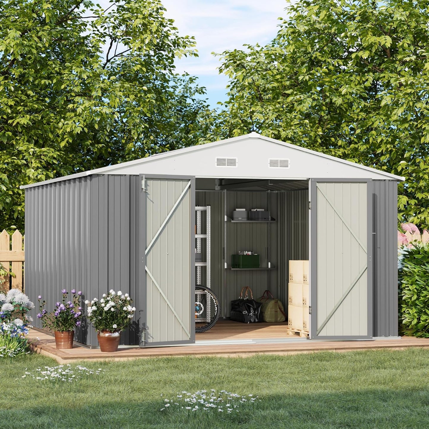 Patiowell 10 x 10 FT Metal Outdoor Storage Shed with Detachable Storage Shelves, Large Steel Utility Tool Shed Storage House with Lockable Door, Garden Tool Shed for Backyard Garden Patio Lawn,Brown