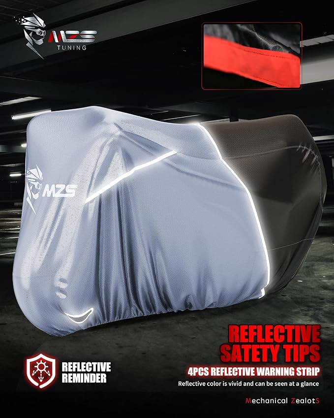 MZS Motorcycle Cover Waterproof Outdoor, Heavy Duty All Season Weather Sun Protection with Storage Bag Vents Night Reflective Cotton Lining Lock Holes fits up to 86" Motorbikes Vehicle Covers