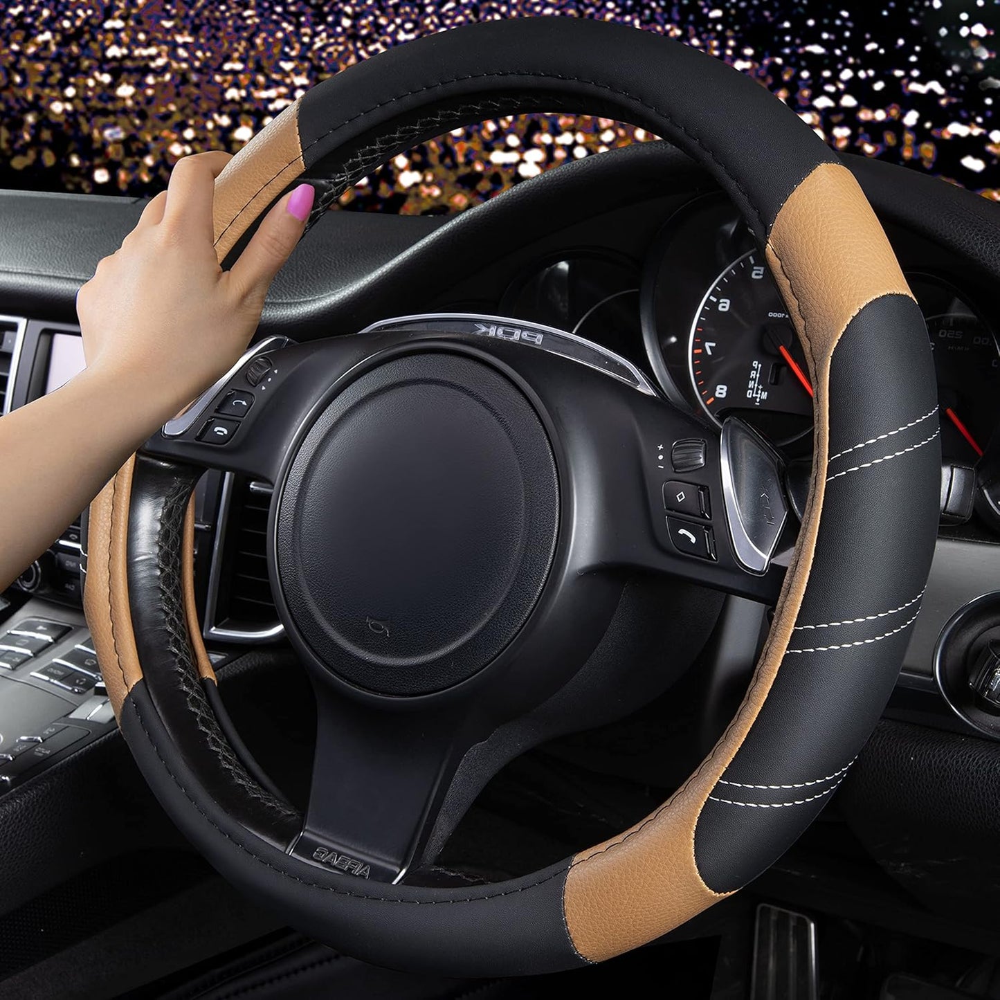 CAR PASS Line Rider Microfiber Leather Sporty 14.5-15 inch Steering Wheel Cover Universal Fits for 95% Truck,SUV,Cars, Anti-Slip Safety Comfortable Design (Black Beige)