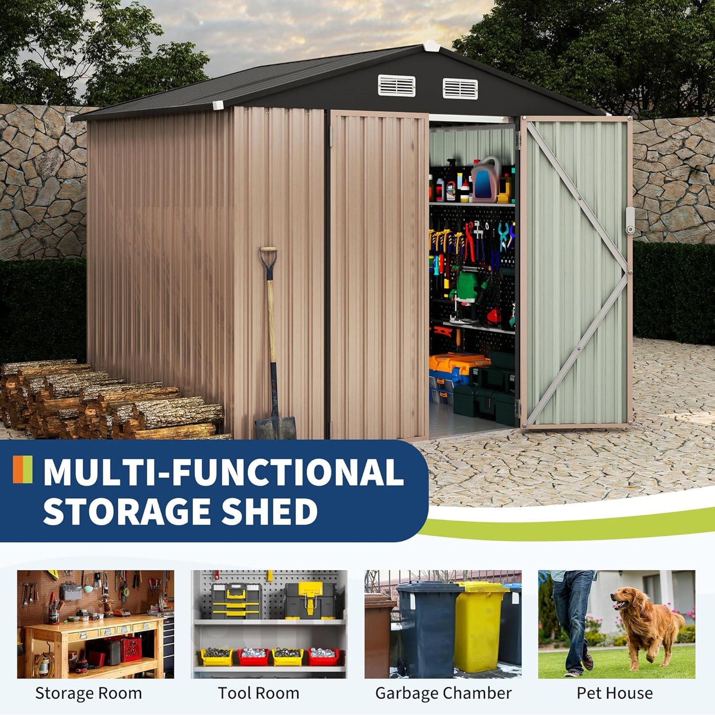 6x8 FT Metal Storage Sheds Outdoor with Floor, Metal ToolShed with Lockable Door, Metals Yard Sheds Metals Garden Shed Kit, MetalUtility Sheds Buildings with Air Vent for Backyard Garden Patio Lawn
