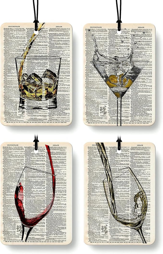 Trendy Retro Wine Cologne Car Air Freshener 4 Pcs, Funky Classic Cocktail Whisky Wine Hanging Air Freshener for Cars Bathroom Dorm Books Decor, Vintage Accessories Gifts for Women Girls Men