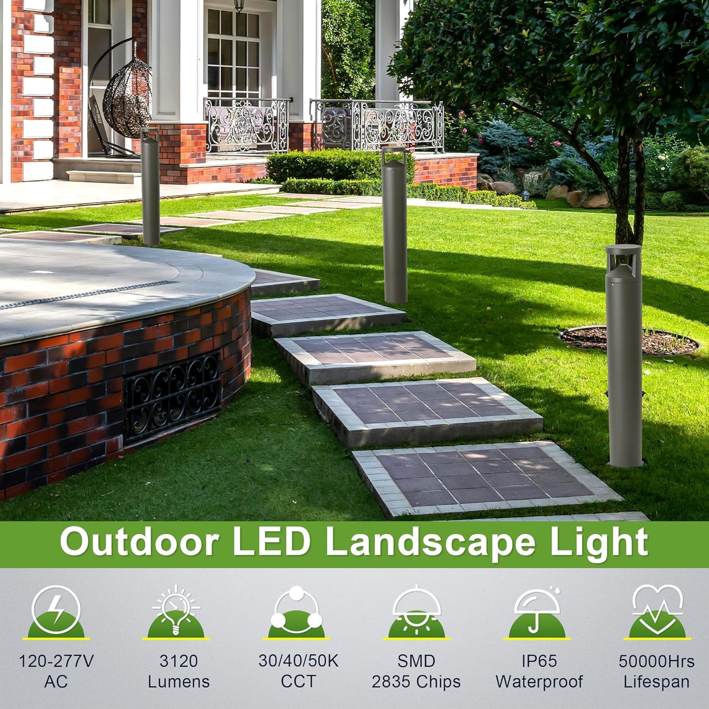 LED Bollard Landscape Light, 42inch 24W 3CCT 30K/40K/50K Selectable, 120V-277V Commercial/Residential Ballard Lighting Fixture for Garden, Pathway, Driveway, Die-cast Aluminum, Bronze