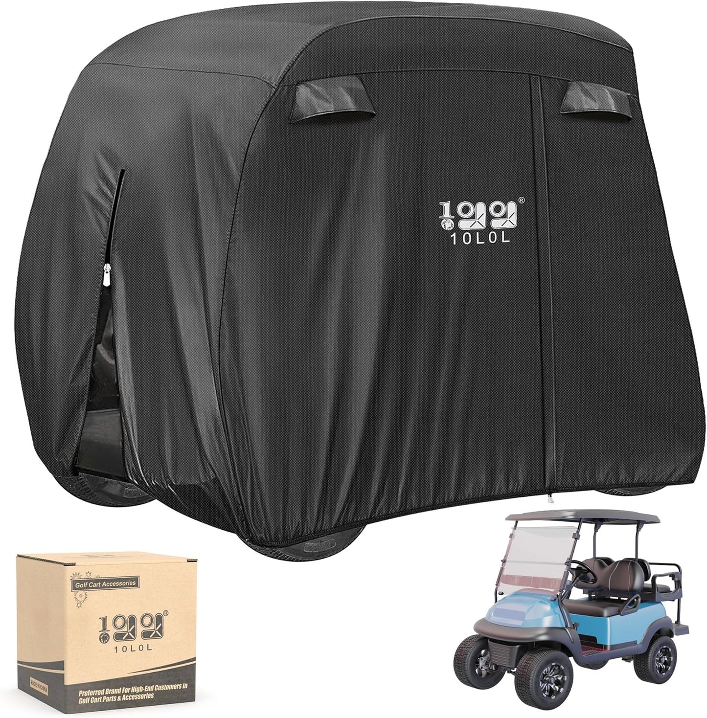 10L0L 4 Passenger Golf Cart Cover for Yamaha EZGO Club Car, 400D Polyester All-Weather Waterproof Golf Cart Storage Cover with Three Zipper Doors-Black