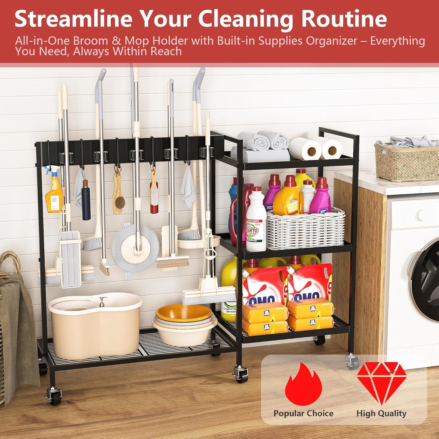 GIOTORENT Heavy Duty Metal Cleaning Cart with Wheels - 300lb Capacity Rolling Broom Holder & Supplies Organizer, 10 Adjustable Clips, 5 Double-Hooks, 3-Tier Shelves, Brakes for Home, Commercial, Black