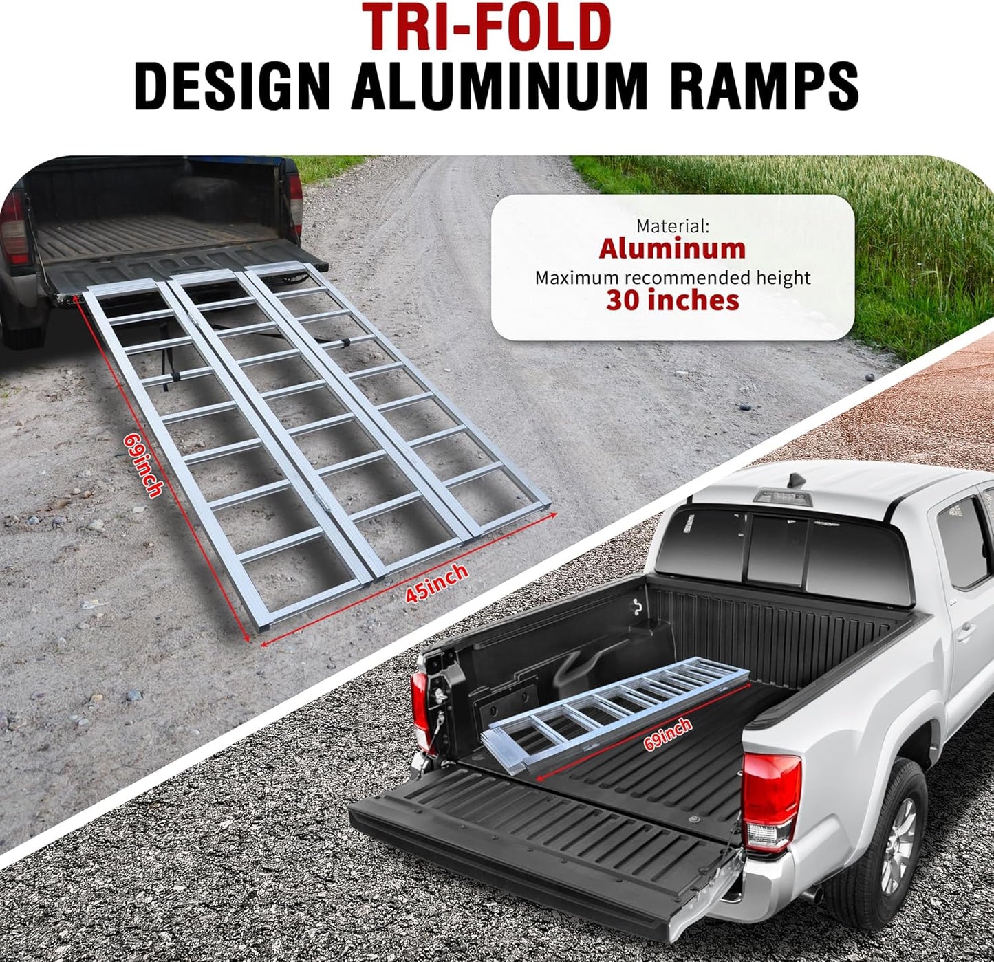 Rockland Tri-Fold Aluminum Loading Ramp, 69'' x 45'', 1500 LBS Loading Capacity, Portable Ramp for Motorcycles, Ebikes and ATVs, with 2 Safety Straps Included