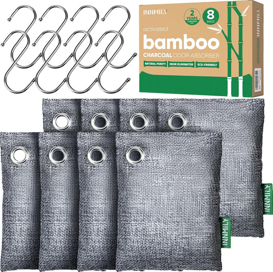 Activated Charcoal Odor Absorber, 8 Pack w Hooks Nature Odor Eliminator for Strong Odor, Bamboo Charcoal Air Purifying Bags, Moisture Absorbers for Fresh Home Car Closet Pet, Smoke Smell Deodorizer