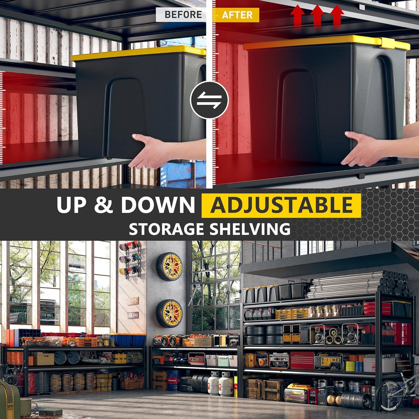 REIBII 60" W Garage Shelving Heavy Duty 2650LBS Storage Shelves Metal Shelving, Adjustable Garage Shelves, 4 Tier Industrial Shelf for Warehouse, Basement, Pantry, 60" W x 24" D x 60" H