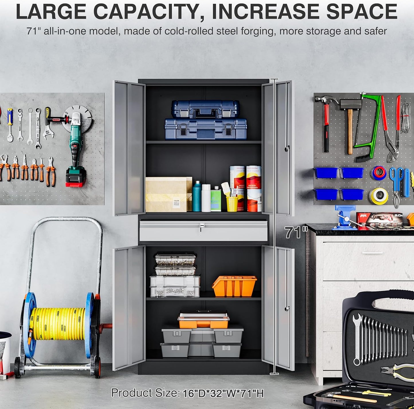 Metal Garage Storage Cabinet with Doors and Shelves, Lock, Drawer - 71" Lockable Steel Cabinet for Home, Office