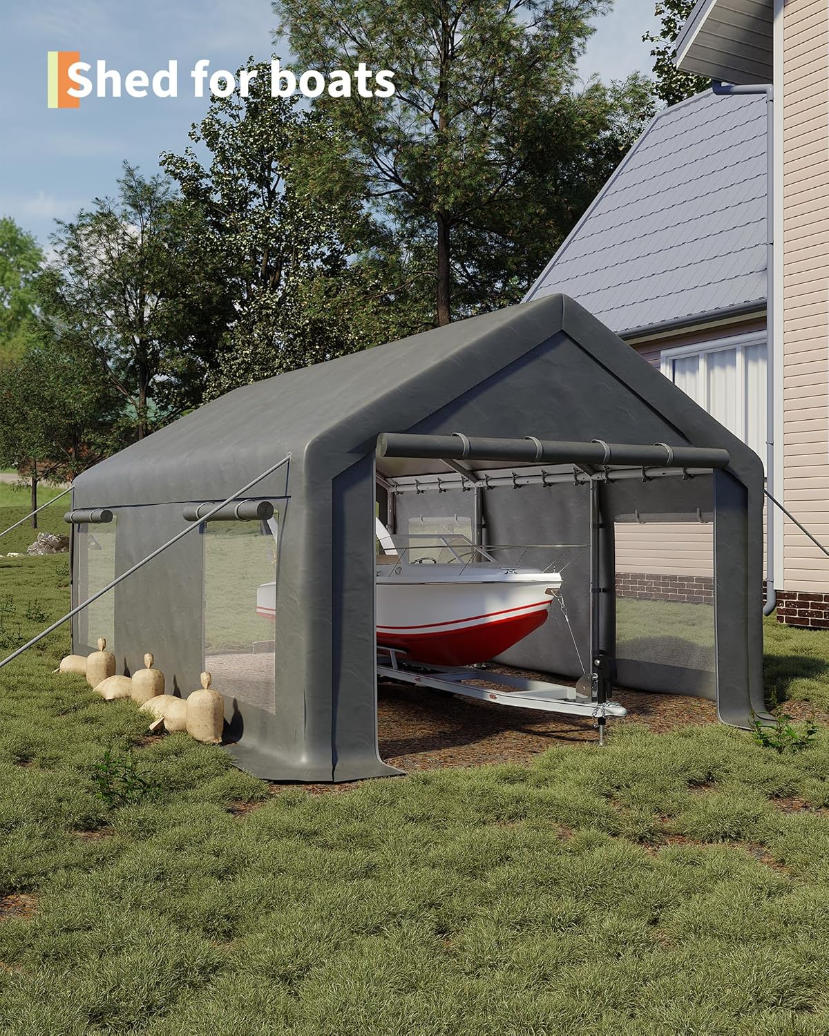 10x20 Ft Carport, Car Port with 200g PE Tarp, Roll-Up Doors, and 4 Windows, for Sedans, Bass Boats, Motos, ATVs, and SUVs, Gray