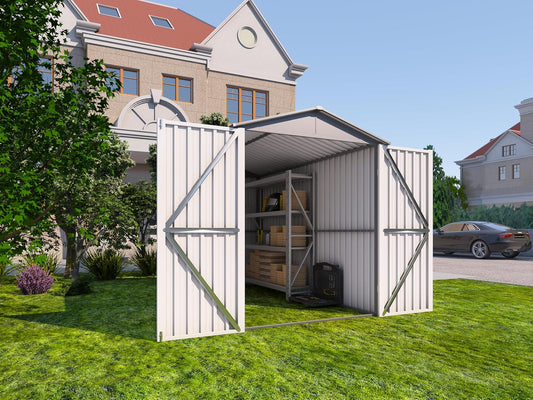 Motorcycle Steel Storage Shed with Window,Outdoor Weather-Resistant Storage Box for Bikes, Tools, Sports Equipment,Easy Assembly, No Tracks or Fixtures Needed, 121" W Gray+White