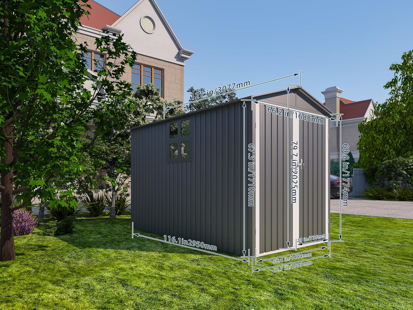 Motorcycle Steel Storage Shed with Window & Tracks,Outdoor Weather-Resistant Storage Box for Bikes, Tools, Sports Equipment,Easy Assembly, 121" W Gray+White